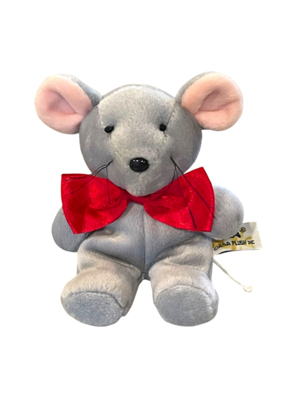 Vintage A&A Plush Mouse with Large Red Bow Tie and Cord Tail Stuffed Animal 6"